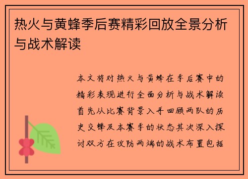 热火与黄蜂季后赛精彩回放全景分析与战术解读